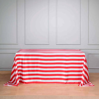 Add Elegance to Your Event with the Red/White Seamless Stripe Satin Rectangle Tablecloth Add Elegance to Your Event with the Red/White Seamless Stripe Satin Rectangle Tablecloth