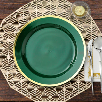 10 Pack Regal 10" Hunter Emerald Green and Gold Plastic Dinner Plates - Round