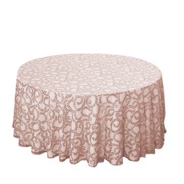 120" Rose Gold Sequin Leaf Embroidered Seamless Tulle Round Tablecloth, Sheer Table Overlay