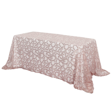 90"x156" Rose Gold Sequin Leaf Embroidered Tulle Rectangular Tablecloth