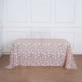 90x156inch Blush Rose Gold Sequin Leaf Embroidered Rectangular Tablecloth, Sheer Table Overlay