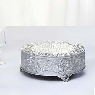 Create a Deluxe Display with the 14" Round Silver Embossed Cake Stand Riser Create a Deluxe Display with the 14" Round Silver Embossed Cake Stand Riser