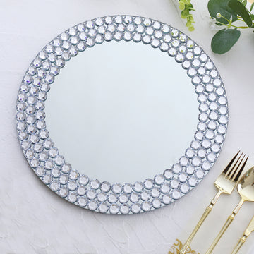 2 Pack 13" Round Silver Mirror Glass Charger Plates with Diamond Beaded Rim