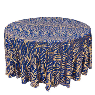 120" Royal Blue Gold Wave Mesh Round Tablecloth With Embroidered Sequins
