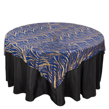 72"x72" Royal Blue Gold Wave Mesh Square Table Overlay With Embroidered Sequins