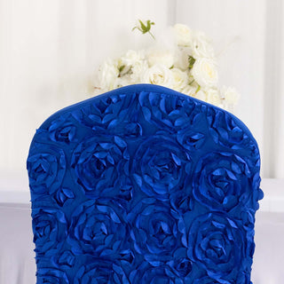 Durable and Stylish: The Royal Blue Satin Rosette Spandex Stretch Banquet Chair Cover Durable and Stylish: The Royal Blue Satin Rosette Spandex Stretch Banquet Chair Cover
