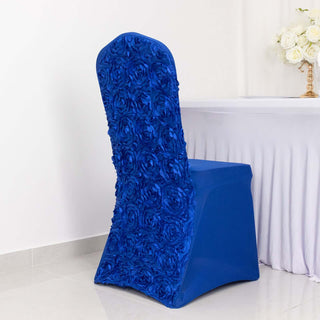 Elevate Your Event with the Royal Blue Satin Rosette Spandex Stretch Banquet Chair Cover Elevate Your Event with the Royal Blue Satin Rosette Spandex Stretch Banquet Chair Cover