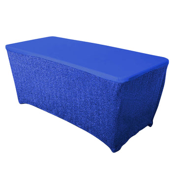 6ft Ruffled Metallic Royal Blue Spandex Table Cover With Plain Top, Rectangular Fitted Tablecloth