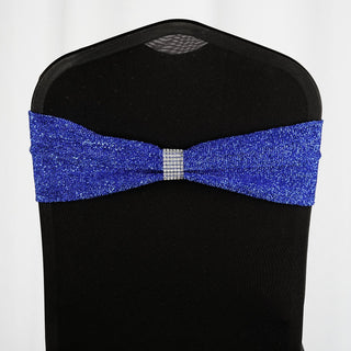 Add a Touch of Elegance with Royal Blue Metallic Shimmer Tinsel Spandex Chair Sashes Add a Touch of Elegance with Royal Blue Metallic Shimmer Tinsel Spandex Chair Sashes