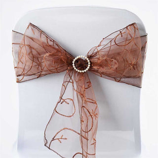 Chocolate Embroidered Organza Chair Sashes - Add Elegance to Your Event Decor Chocolate Embroidered Organza Chair Sashes - Add Elegance to Your Event Decor
