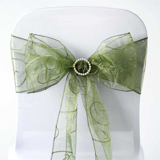 Olive Green Embroidered Organza Chair Sashes - Add Elegance to Your Event