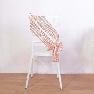 Create a Stunning Ambiance with Rose Gold Geometric Diamond Glitz Sequin Chair Sashes Create a Stunning Ambiance with Rose Gold Geometric Diamond Glitz Sequin Chair Sashes