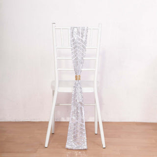 Elevate Your Event Decor with Silver Geometric Diamond Chair Sashes Elevate Your Event Decor with Silver Geometric Diamond Chair Sashes