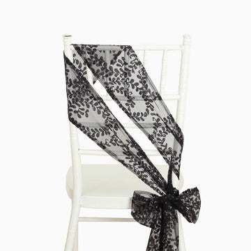 5 Pack Black Tulle Wedding Chair Sashes with Leaf Vine Embroidered Sequins - 6"x88"