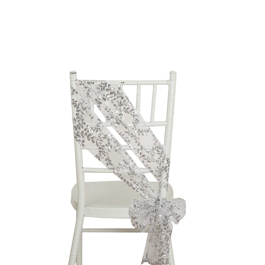 5 Pack Silver Tulle Wedding Chair Sashes with Leaf Vine Embroidered Sequins