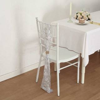 Exquisite Silver Tulle Wedding Chair Sashes with Leaf Vine Embroidered Sequins
