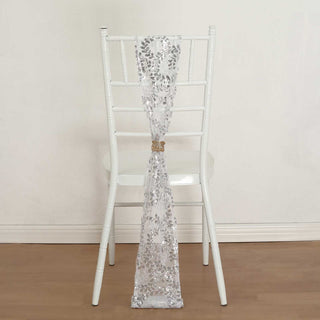 Dazzling Silver Tulle Wedding Chair Sashes with Leaf Vine Embroidered Sequins