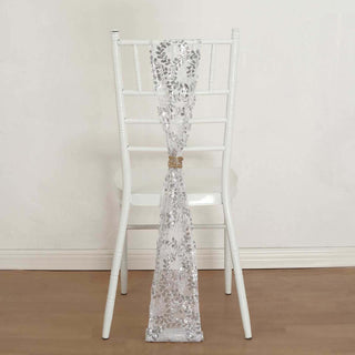 Dazzling Silver Tulle Wedding Chair Sashes with Leaf Vine Embroidered Sequins Dazzling Silver Tulle Wedding Chair Sashes with Leaf Vine Embroidered Sequins