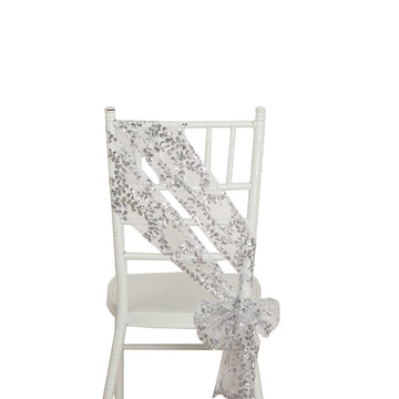 5 Pack Silver Tulle Wedding Chair Sashes with Leaf Vine Embroidered Sequins - 6"x88"