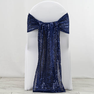 Navy blue sequin chair sash on a white chair