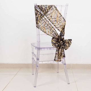 Create a Luxurious Atmosphere with Black Gold Wave Embroidered Sequin Mesh Chair Sashes Create a Luxurious Atmosphere with Black Gold Wave Embroidered Sequin Mesh Chair Sashes