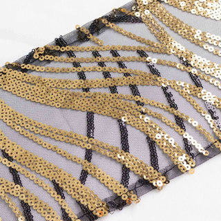 Transform Your Seating Arrangement with Black Gold Wave Embroidered Sequin Mesh Chair Sashes Transform Your Seating Arrangement with Black Gold Wave Embroidered Sequin Mesh Chair Sashes
