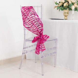 Bulk Pack of Fuchsia Silver Wave Embroidered Sequin Mesh Chair Sashes Bulk Pack of Fuchsia Silver Wave Embroidered Sequin Mesh Chair Sashes