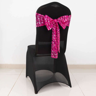 Add a Touch of Elegance with Fuchsia Silver Wave Embroidered Sequin Mesh Chair Sashes Add a Touch of Elegance with Fuchsia Silver Wave Embroidered Sequin Mesh Chair Sashes