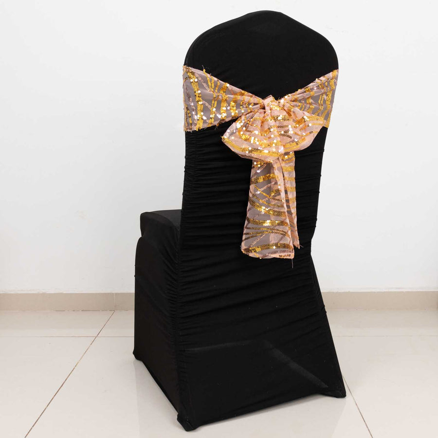 6inch x 88inch Rose Gold Mesh Chair Sashes With Gold Wave Embroidered Sequins
