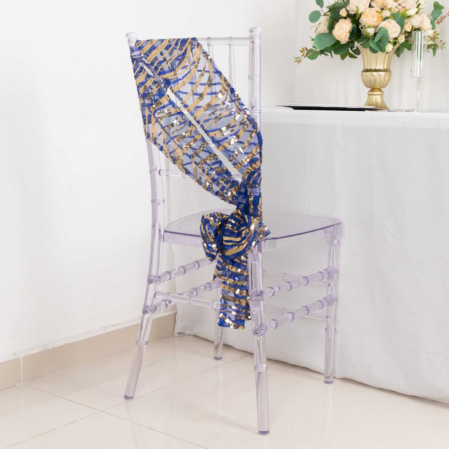 6inch x 88inch Royal Blue Gold Wave Embroidered Sequin Mesh Chair Sashes
