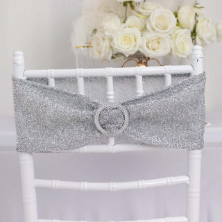 Elegant Silver Shimmer Tinsel Spandex Chair Sashes Elegant Silver Shimmer Tinsel Spandex Chair Sashes