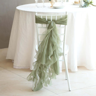 Dusty Sage Green Chiffon Hoods With Ruffles Willow Chair Sashes Dusty Sage Green Chiffon Hoods With Ruffles Willow Chair Sashes