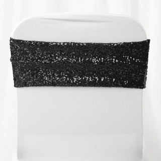 Add a Touch of Elegance with Black Sequin Spandex Chair Sashes Add a Touch of Elegance with Black Sequin Spandex Chair Sashes