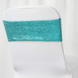 Turquoise Sequin Spandex Chair Sashes - The Perfect Finishing Touch Turquoise Sequin Spandex Chair Sashes - The Perfect Finishing Touch