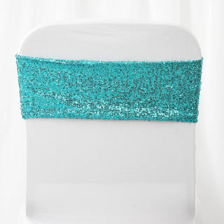 Turquoise Sequin Spandex Chair Sashes - Add Glamour to Your Event Turquoise Sequin Spandex Chair Sashes - Add Glamour to Your Event