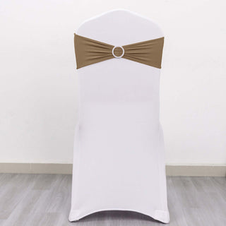 Taupe Spandex Stretch Chair Sashes with Silver Diamond Ring Slide Buckle Taupe Spandex Stretch Chair Sashes with Silver Diamond Ring Slide Buckle