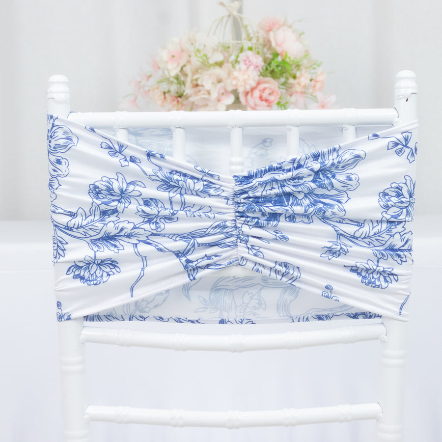 5 Pack Wide Spandex Chair Sashes in White Blue French Toile – Stylish Ruffled Chair Bands 8x13inch