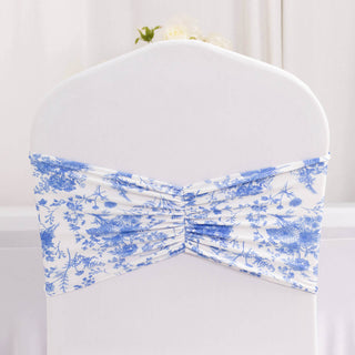 <strong>Beautiful French Toile Design Ruffled Spandex Chair Sashes</strong> <strong>Beautiful French Toile Design Ruffled Spandex Chair Sashes</strong>