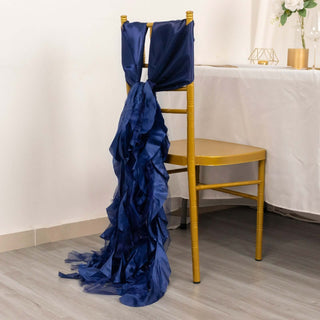 Create a Mesmerizing Atmosphere with Navy Blue Curly Willow Chiffon Satin Chair Sashes Create a Mesmerizing Atmosphere with Navy Blue Curly Willow Chiffon Satin Chair Sashes