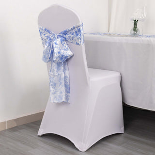 Create a Timeless Ambiance with White Blue French Toile Satin Chair Bows Create a Timeless Ambiance with White Blue French Toile Satin Chair Bows