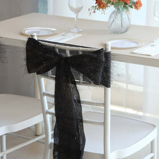 Elevate Your Event Decor with Black Metallic Fringe Shag Tinsel Chair Sashes Elevate Your Event Decor with Black Metallic Fringe Shag Tinsel Chair Sashes