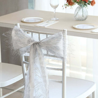 Add Elegance to Your Event with Silver Metallic Fringe Shag Tinsel Chair Sashes Add Elegance to Your Event with Silver Metallic Fringe Shag Tinsel Chair Sashes