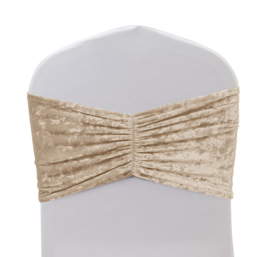5 Pack Crushed Velvet Chair Bands Beige Wide Ruffle Style - Textured Chair Sashes