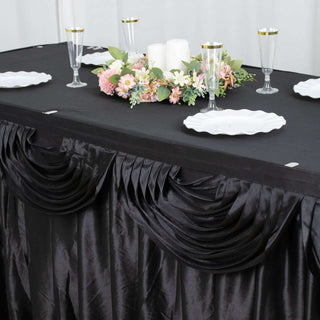 Elevate Your Event Decor with the Black Pleated Satin Table Skirt Elevate Your Event Decor with the Black Pleated Satin Table Skirt