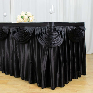 Enhance Your Event Decor with the 21ft Black Pleated Satin Double Drape Table Skirt Enhance Your Event Decor with the 21ft Black Pleated Satin Double Drape Table Skirt