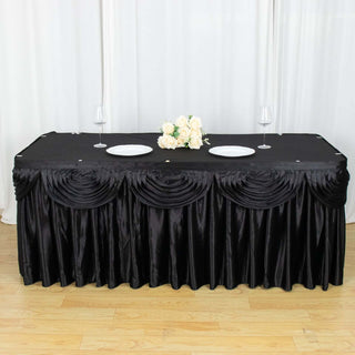 Create a Regal Atmosphere with the 21ft Black Pleated Satin Double Drape Table Skirt Create a Regal Atmosphere with the 21ft Black Pleated Satin Double Drape Table Skirt