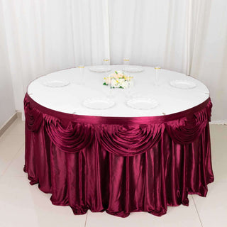 Enhance Your Event with the 14ft Burgundy Pleated Satin Double Drape Table Skirt Enhance Your Event with the 14ft Burgundy Pleated Satin Double Drape Table Skirt