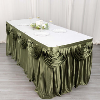 Create an Enchanting Atmosphere with the 14ft Dusty Sage Green Pleated Satin Double Drape Table Skirt Create an Enchanting Atmosphere with the 14ft Dusty Sage Green Pleated Satin Double Drape Table Skirt