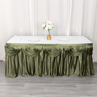 Elevate Your Event Decor with the 14ft Dusty Sage Green Pleated Satin Double Drape Table Skirt Elevate Your Event Decor with the 14ft Dusty Sage Green Pleated Satin Double Drape Table Skirt