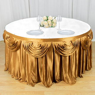 Create a Luxurious Ambiance with the 14ft Gold Pleated Satin Double Drape Table Skirt